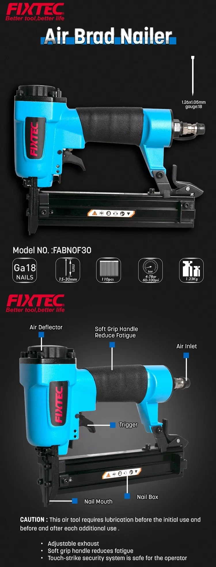 Fixtec Ergonomic and Lightweight Concrete Gas Nail Gun Air Stapler Gun